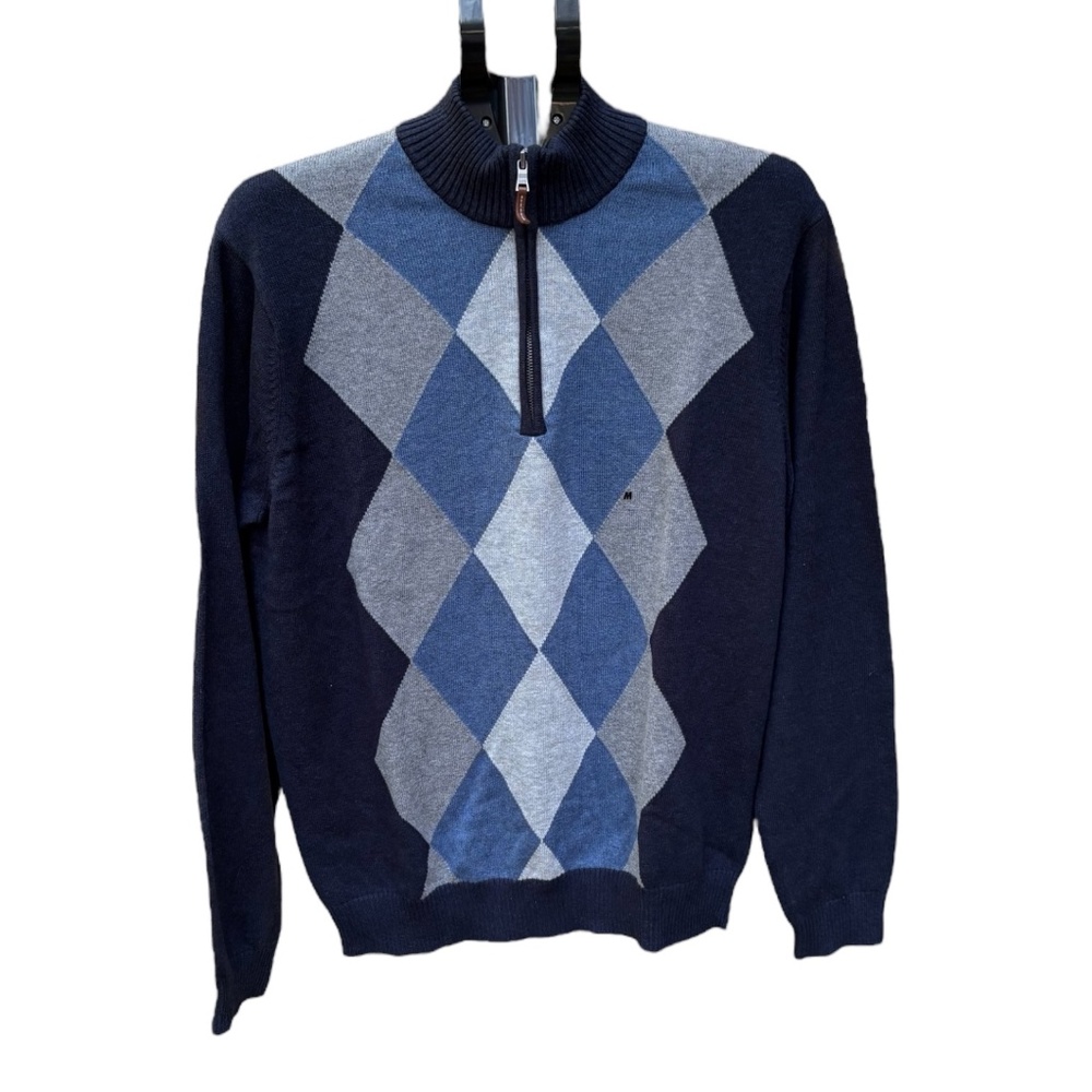 NWT GH Bass Men’s Medium 1/4 Zip Cotton Sweater Blue Diamond Knit Pullover